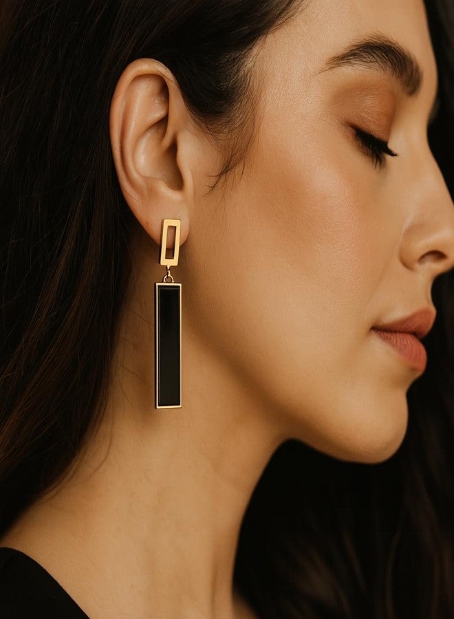 ZENCHEER Rectangle Geometric Clip On Earrings For Women,Gold Plated Resin Non Pierced Ear Clips Drop Dangle Earrings Hypoallergenic Non Pierced Earrings for Sensitive Ears, Black - Image 3